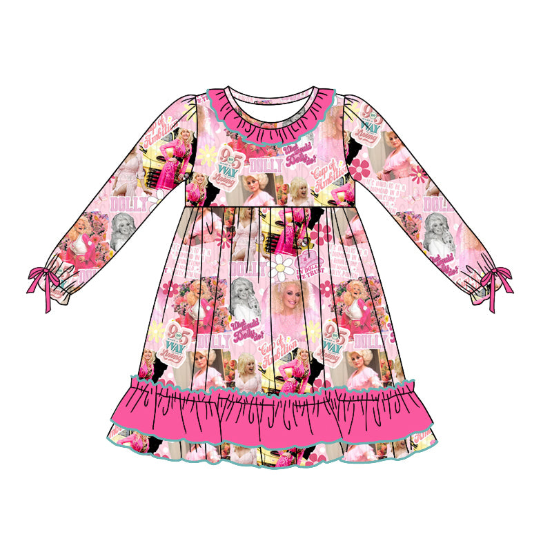 Preorder GLD0745 singer star pink long sleeve girls dress