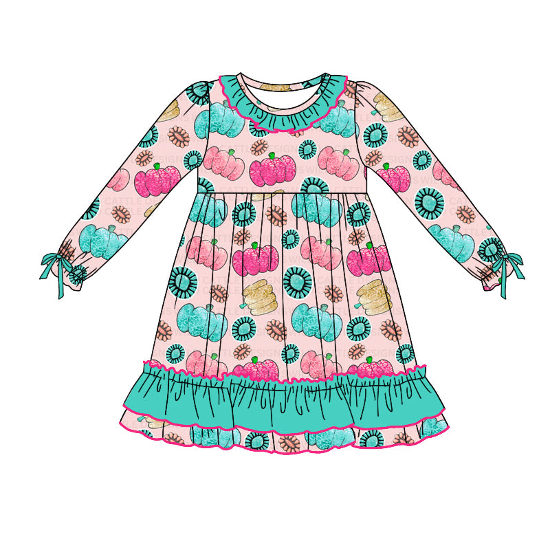 Preorder GLD0746 Western pumpkin turquoise blue long sleeve girls dress