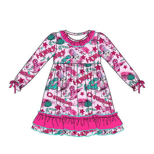 Preorder GLD0747 Christmas Western howdy boot hot pink long sleeve girls dress