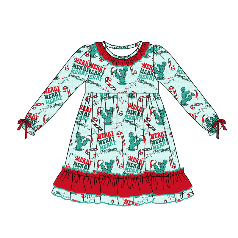 Preorder GLD0748 Merry Christmas Western cactus hat long sleeve girls dress
