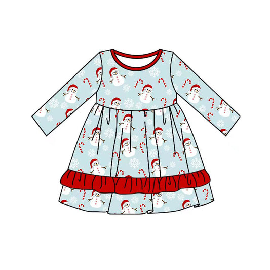 Preorder GLD0749 Christmas cane candy snowman blue long sleeve girls dress