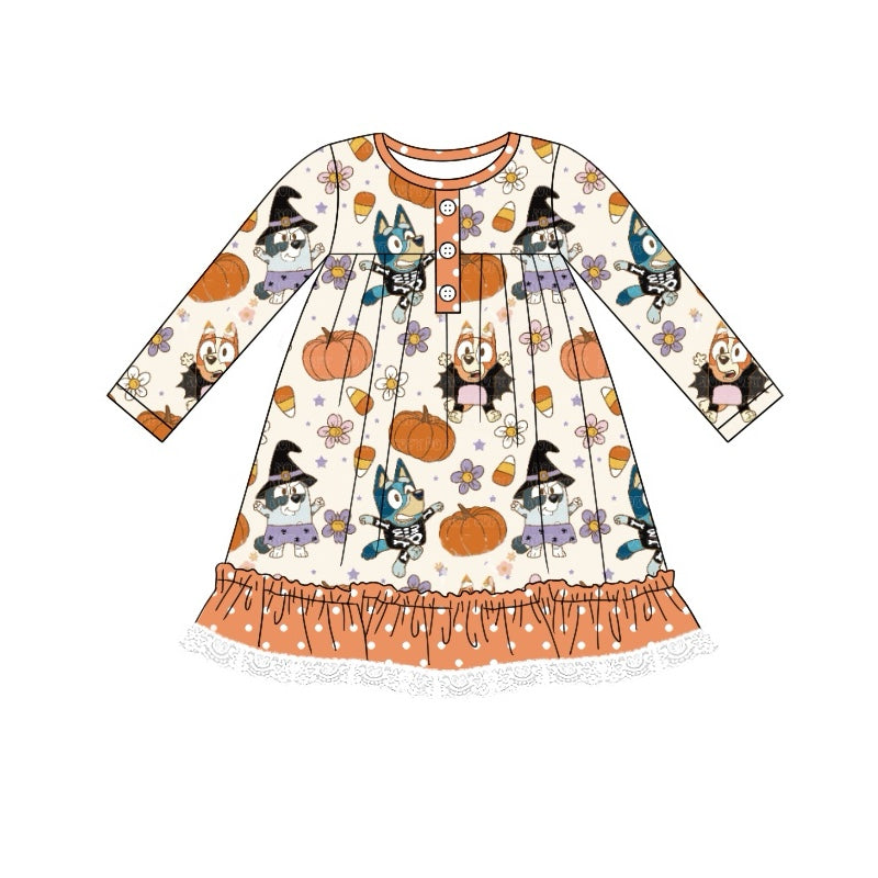 Preorder GLD0752 Halloween pumpkin blue dog orange long sleeve girls dress