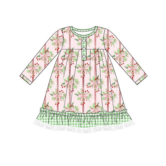 Preorder GLD0754 Christmas holly berry pink bows long sleeve girls dress