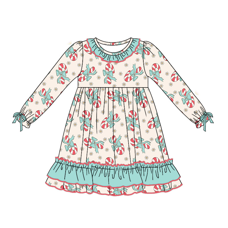Preorder GLD0755 Christmas cane candy blue long sleeve girls dress