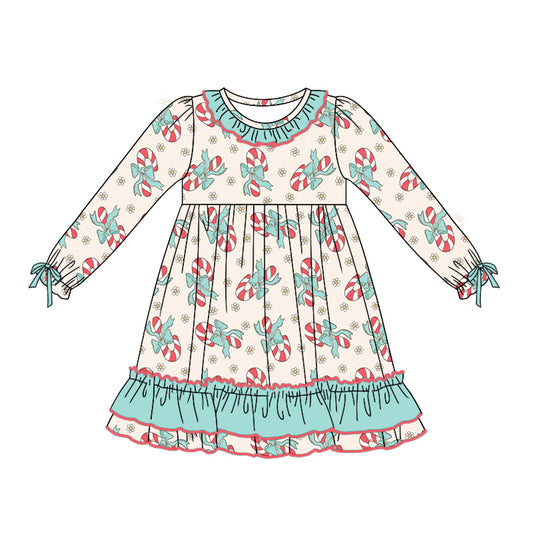Preorder GLD0755 Christmas cane candy blue long sleeve girls dress