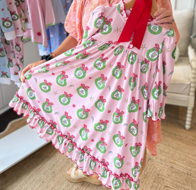 Preorder GLD0757 Christmas green face bows pink long sleeve girls dress