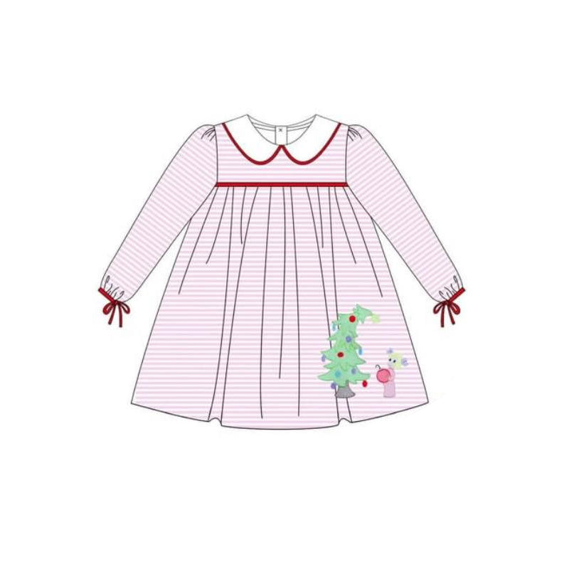 Preorder GLD0762 Christmas tree dog pink striped long sleeve girls dress