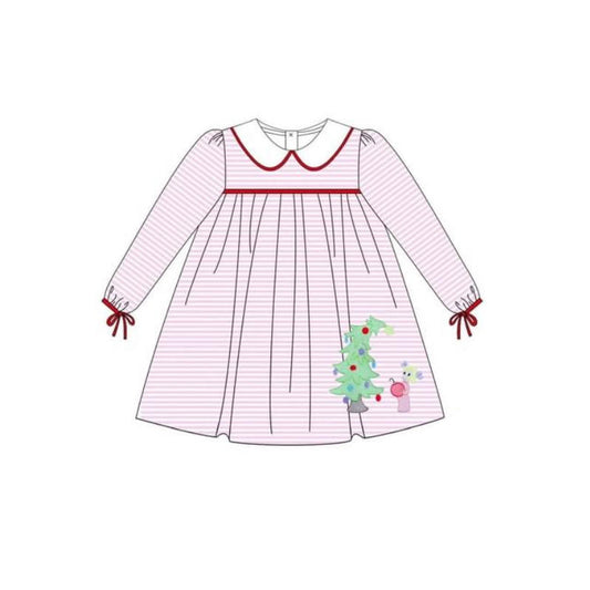 Preorder GLD0762 Christmas tree dog pink striped long sleeve girls dress