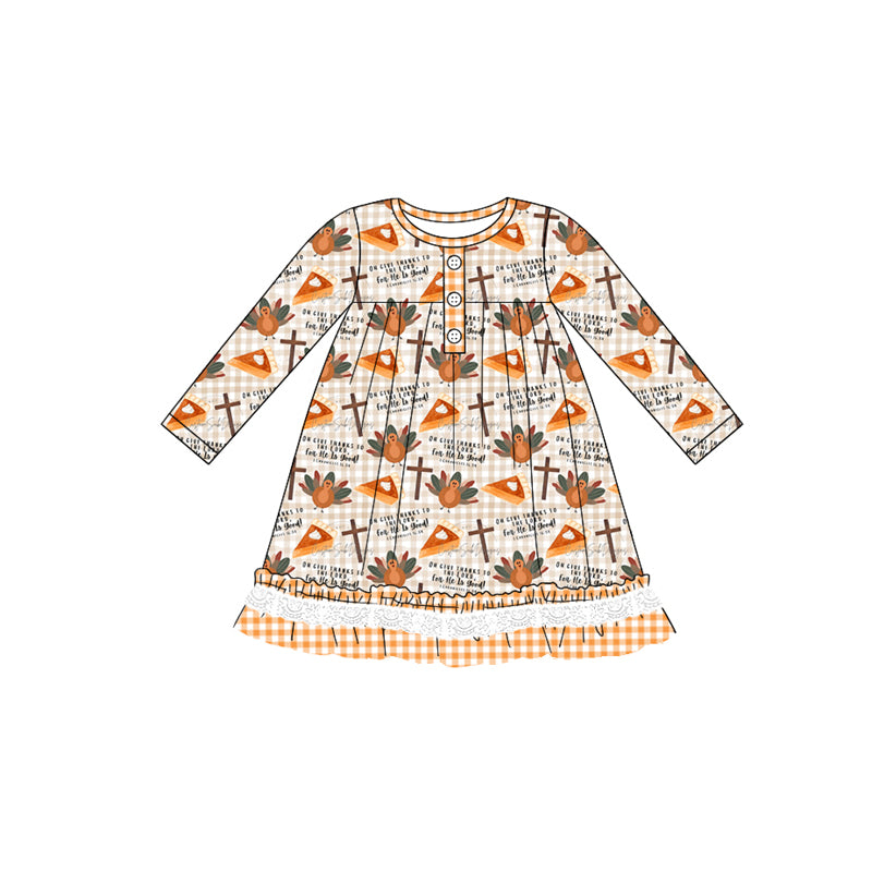 Preorder GLD0766 Thanksgiving turkey pie long sleeve girls dress