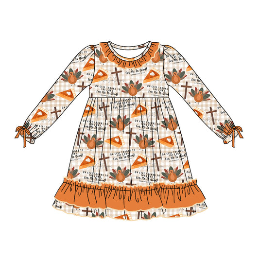 Preorder GLD0767 Thanksgiving turkey pie orange long sleeve girls dress