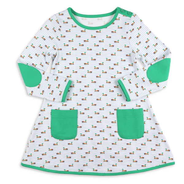Preorder GLD0768 mallard duck green pockets long sleeve girls dress