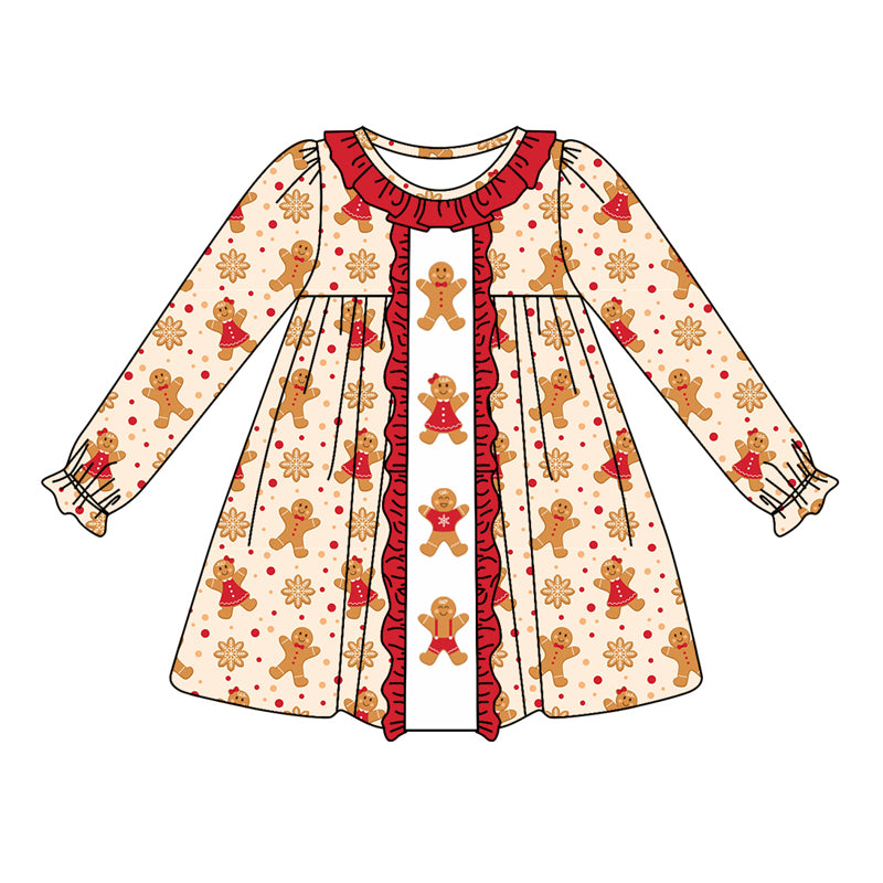 Preorder GLD0770 Christmas gingerbread man red long sleeve girls dress