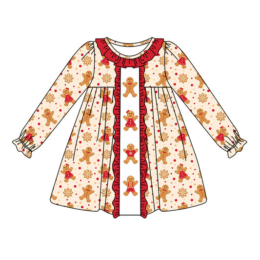 Preorder GLD0770 Christmas gingerbread man red long sleeve girls dress
