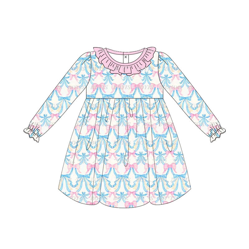 Preorder GLD0773 pink blue bows long sleeve girls dress