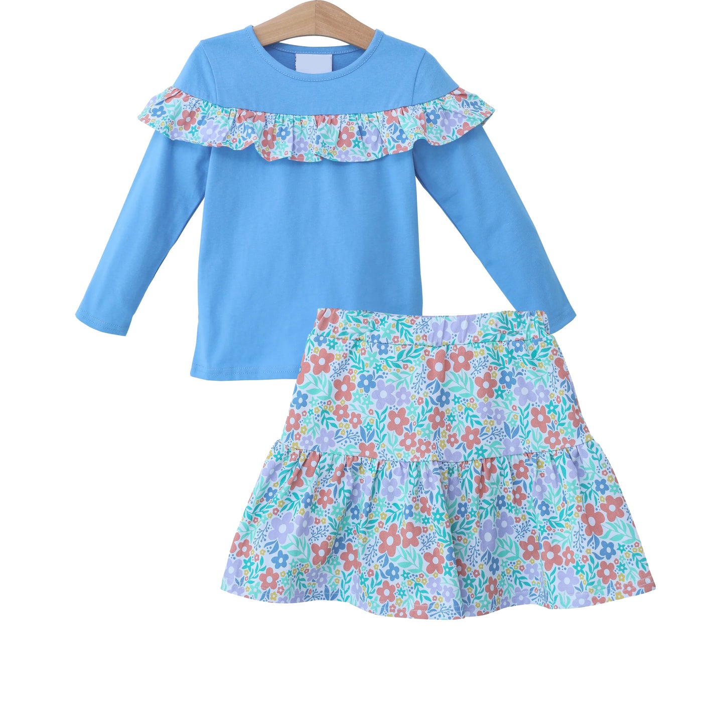 preorder GLD0777 blue long sleeve colorful flowers skirt dress girls floral set