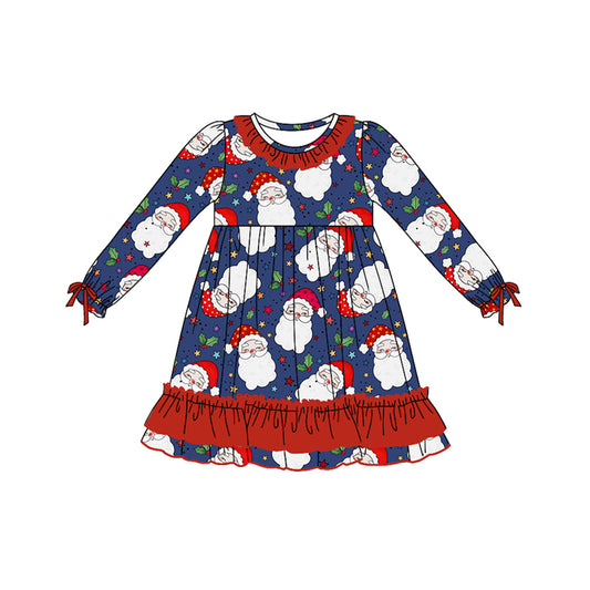 Preorder GLD0780 Christmas Santa holly berry navy blue long sleeve girls dress