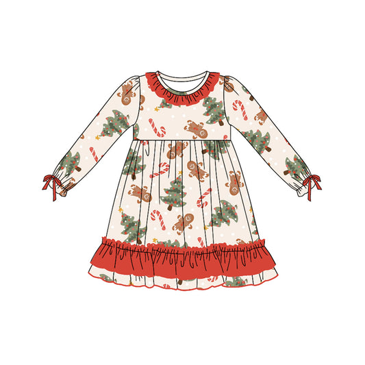Preorder GLD0788 Christmas gingerbread man cane candy long sleeve girls dress