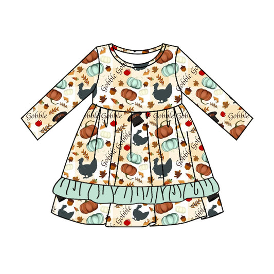 Preorder GLD0789 Thanksgiving turkey pumpkin long sleeve girls dress