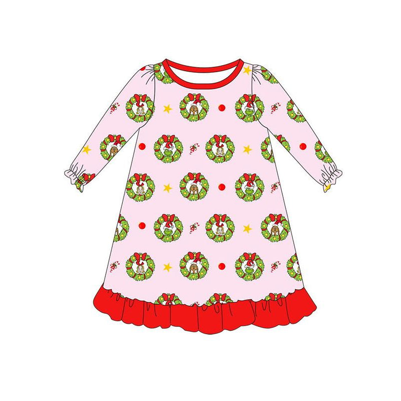 Preorder GLD0797 Christmas green face pink long sleeve girls dress