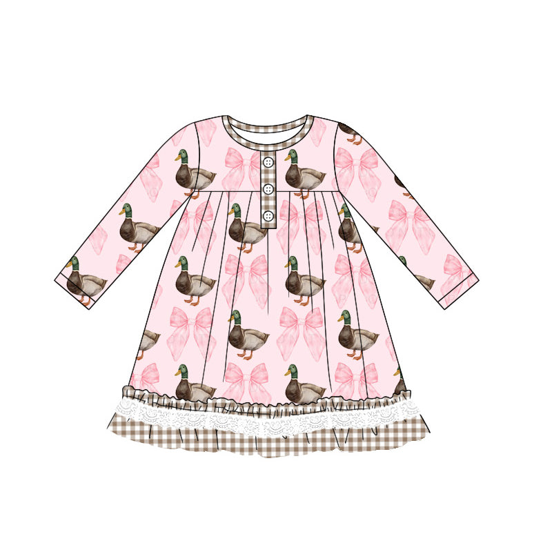 Preorder GLD0805 hunting mallard bow pink long sleeve girls dress