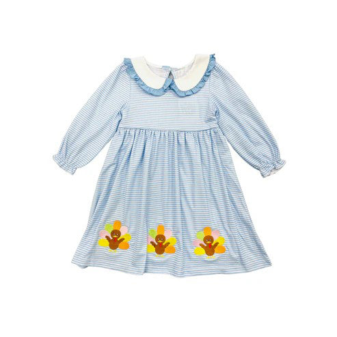 Preorder GLD0810 Thanksgiving turkey blue striped long sleeve girls dress