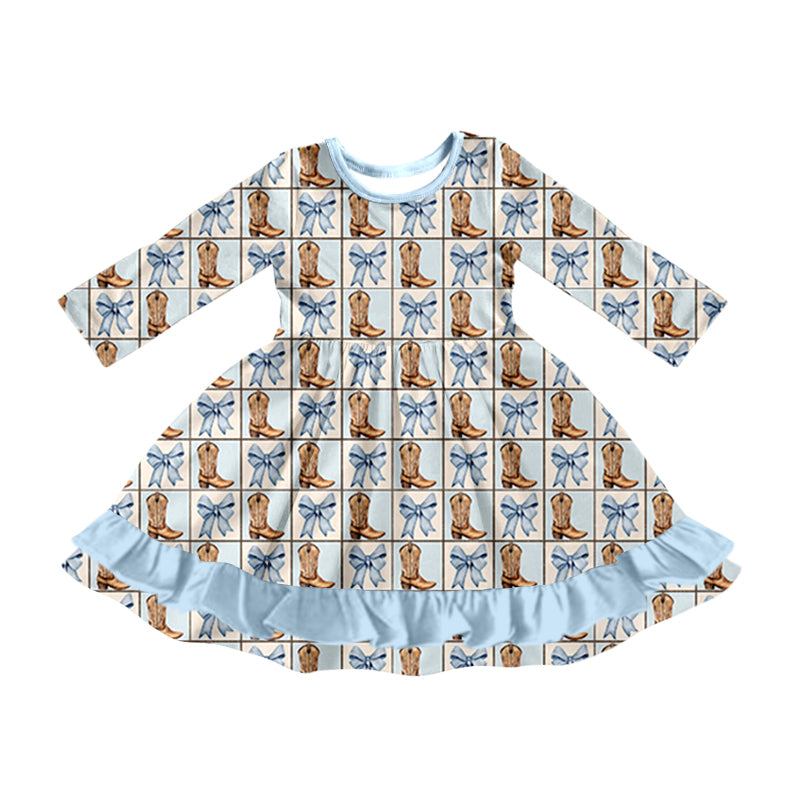 Preorder GLD0812 Western boot blue bows long sleeve girls dress
