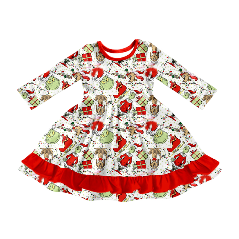 Preorder GLD0813 Christmas green face dog red long sleeve girls dress