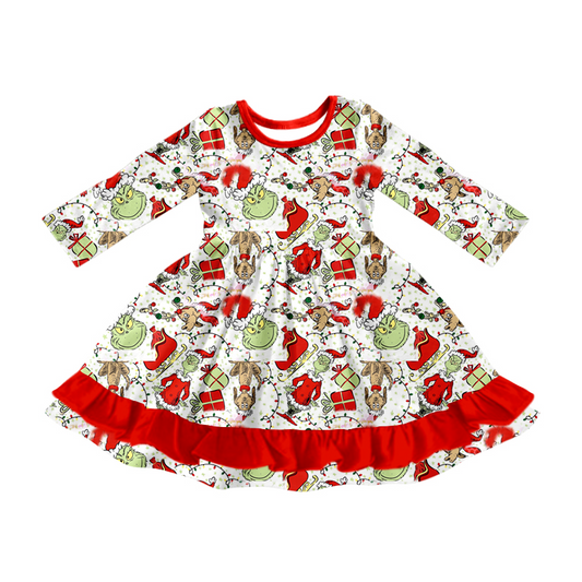 Preorder GLD0813 Christmas green face dog red long sleeve girls dress