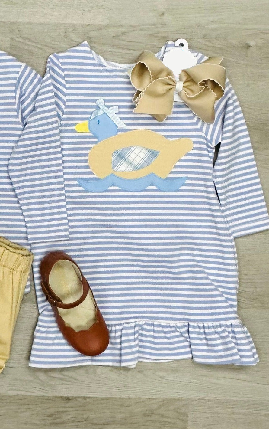 Preorder GLD0817 cute mallard duck blue striped long sleeve girls dress