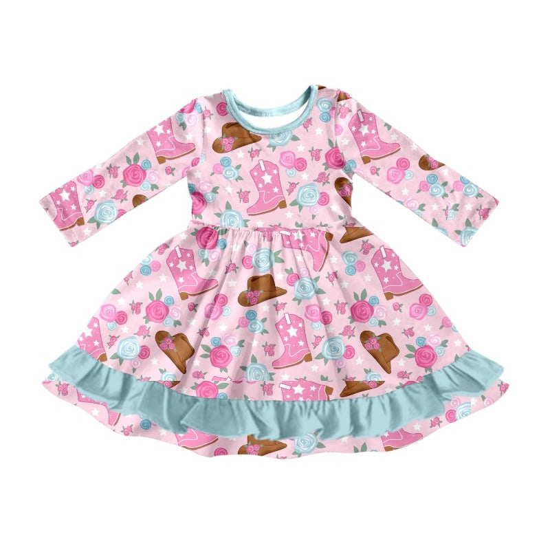 Preorder GLD0819 Western boots hat flowers pink long sleeve girls dress