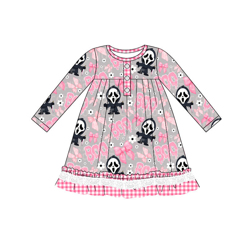 Preorder GLD0820 Halloween BOO skull pink long sleeve girls dress