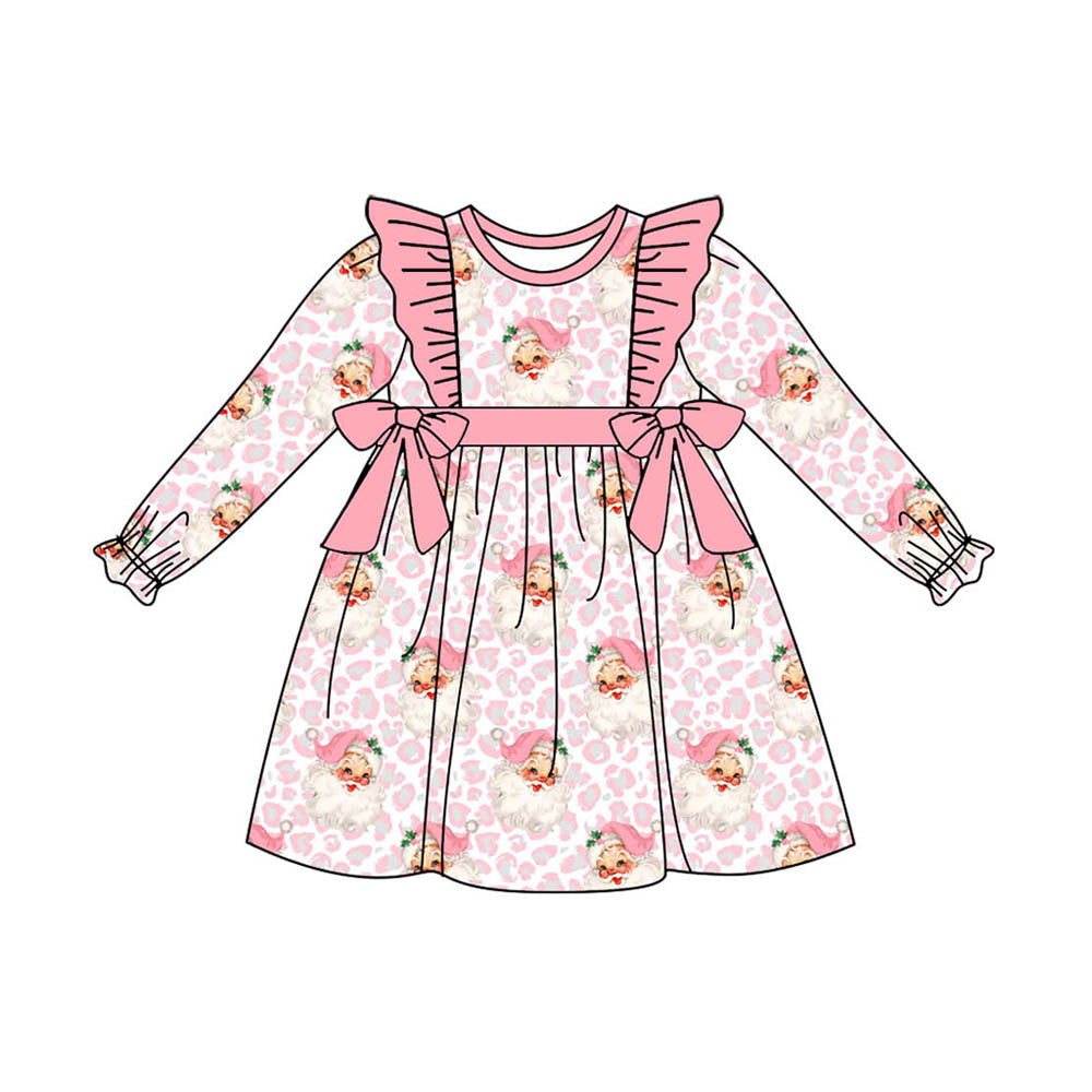 Preorder GLD0822 Christmas Santa pink leopard long sleeve girls dress