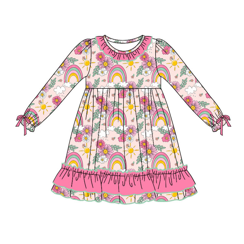 Preorder GLD0825 rainbow colorful flowers pink long sleeve girls dress