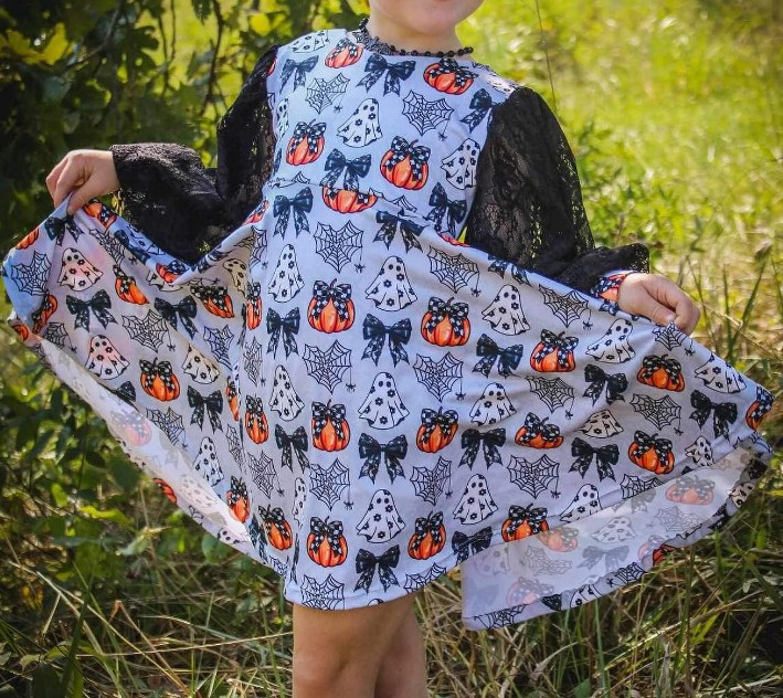 Preorder GLD0827 Halloween pumpkin spooky spider web long sleeve girls dress