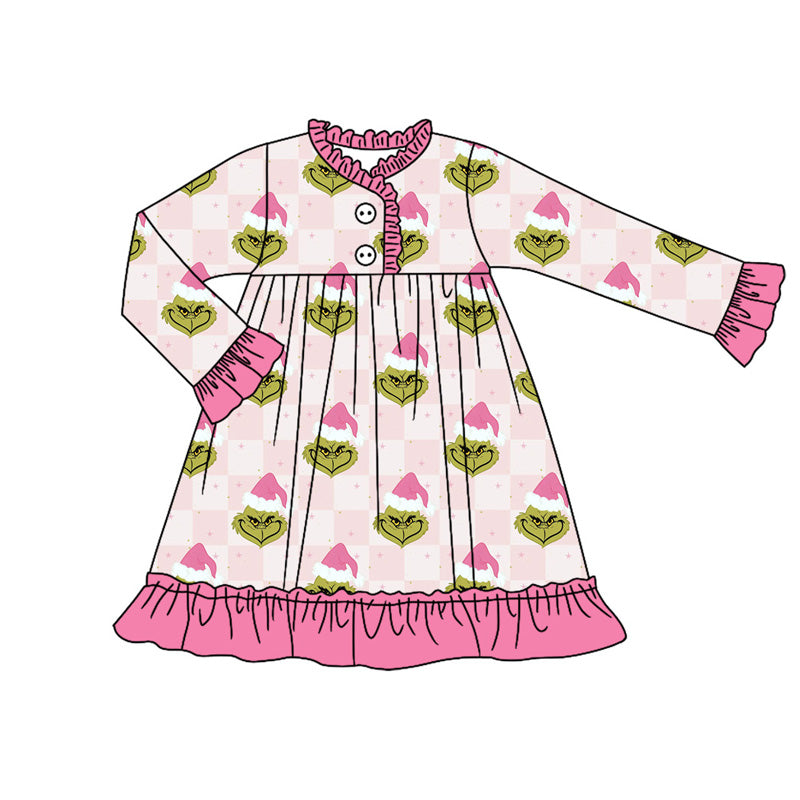 Preorder GLD0829 Christmas green face pink checkered long sleeve girls dress