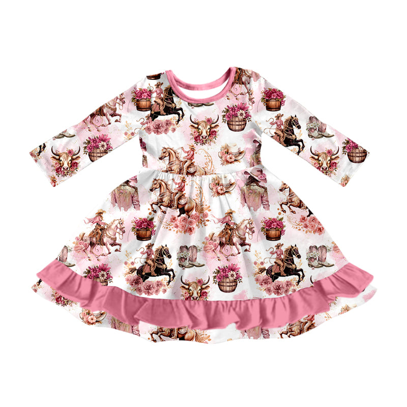 Preorder GLD0830 Western rodeo flowers pink long sleeve girls dress