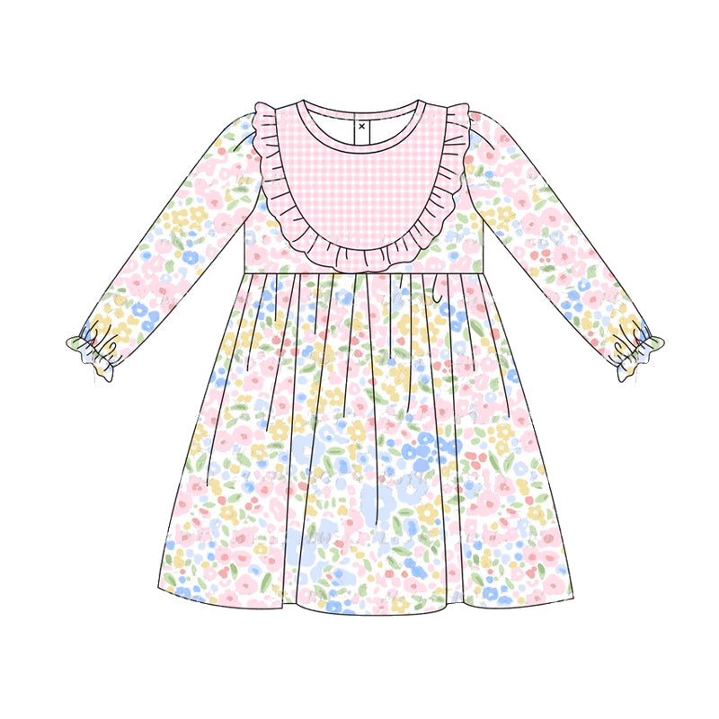 Preorder GLD0841 colorful flowers long sleeve pink girls dress