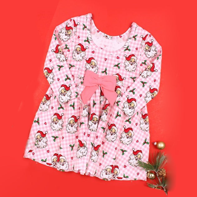 Preorder GLD0848 Christmas Santa holly berry pink checkered long sleeve girls dress