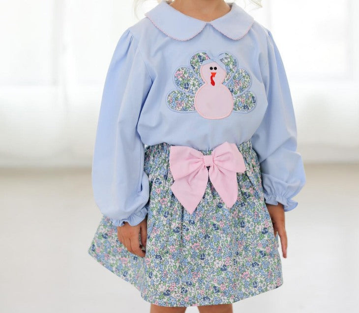 Preorder GLD0849 Thanksgiving blue turkey long sleeve flowers skirt girls set