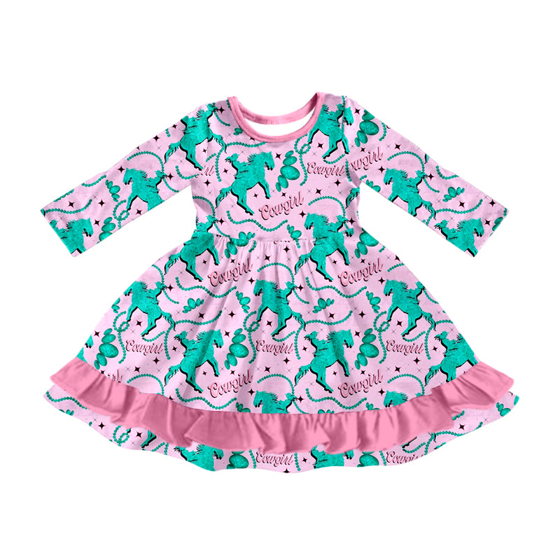 Preorder GLD0863 Western cowgirl rodeo pink long sleeve girls dress