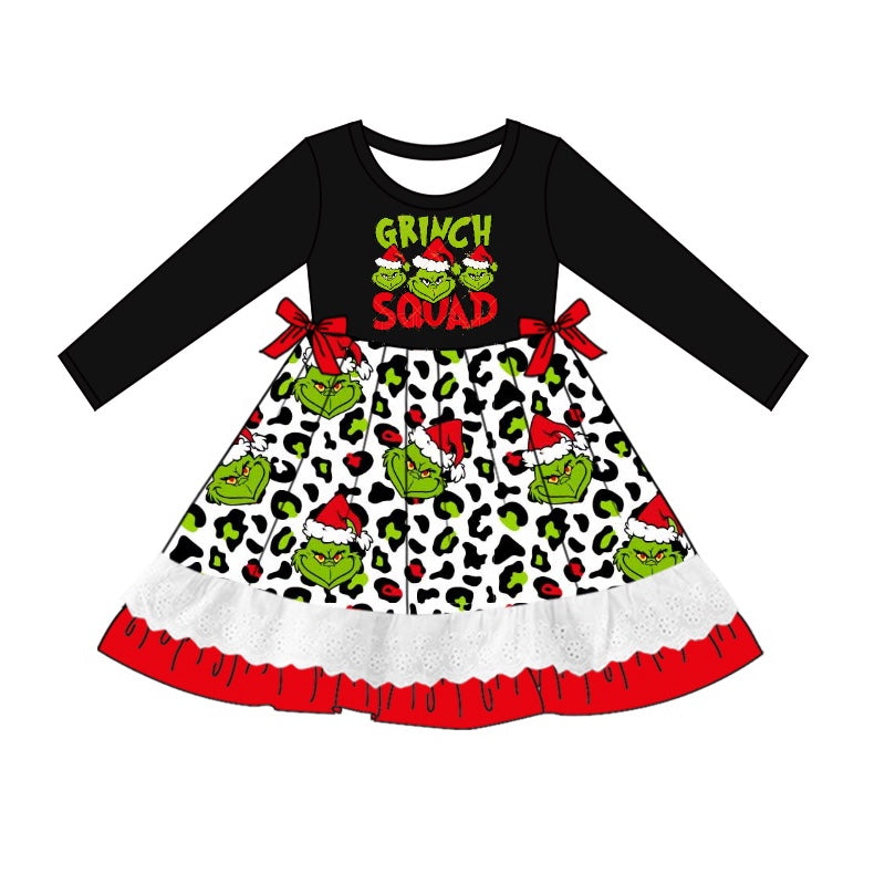 Preorder GLD0864 Christmas green face black leopard long sleeve girls dress