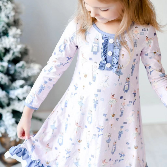 Preorder GLD0874 Christmas soldier dance girl blue long sleeve girls dress