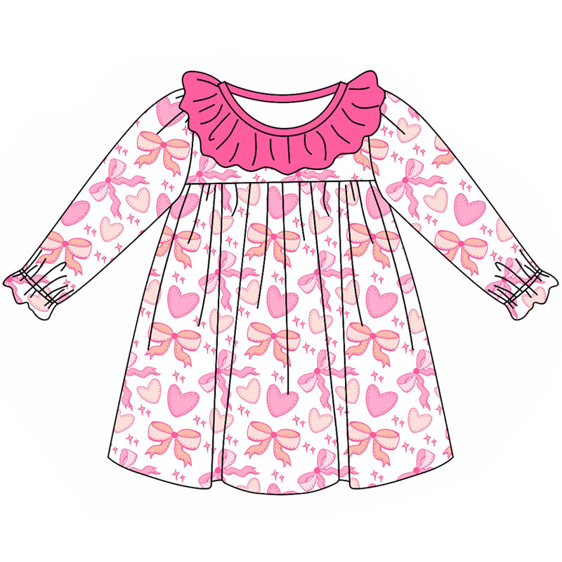 Preorder GLD0878 pink heart bows long sleeve girls dress toddle dress
