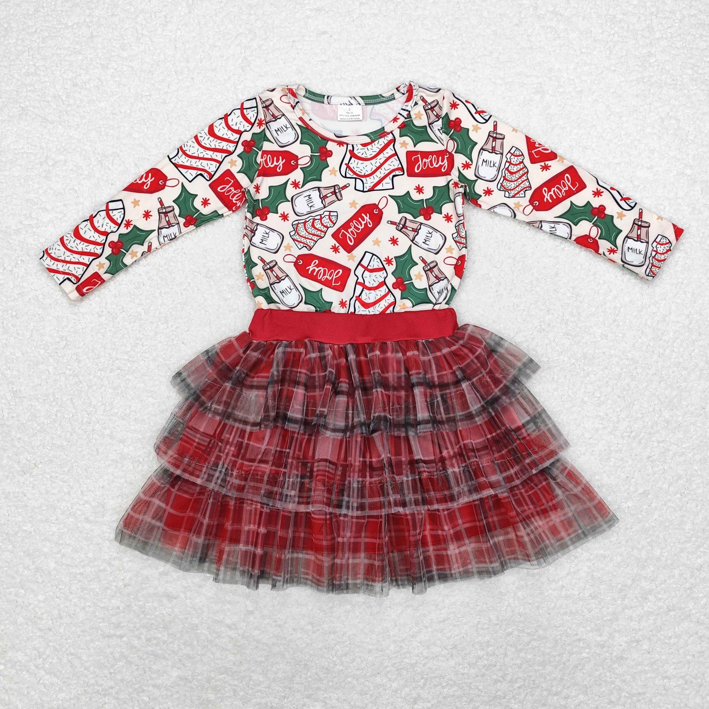 GLD0883 Christmas cake tree milk long sleeve red checkered puffy skirt 2pc girls set