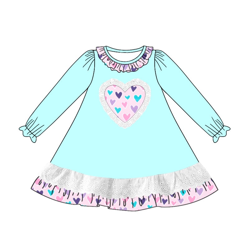 Preorder GLD0886 Valentine Day colorful heart light blue long sleeve girls dress