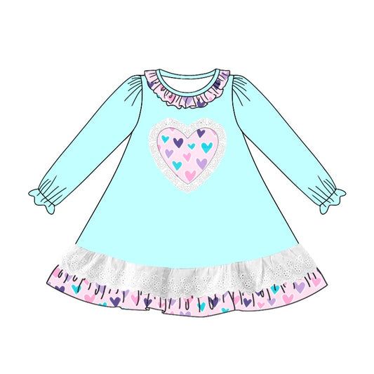 Preorder GLD0886 Valentine Day colorful heart light blue long sleeve girls dress