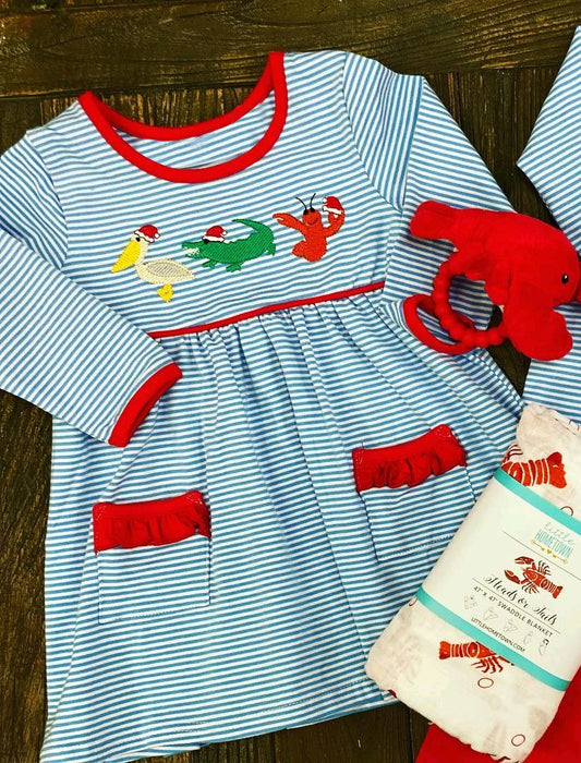 Preorder GLD0888 Christmas crocodile crayfish blue striped pockets long sleeve girls dress