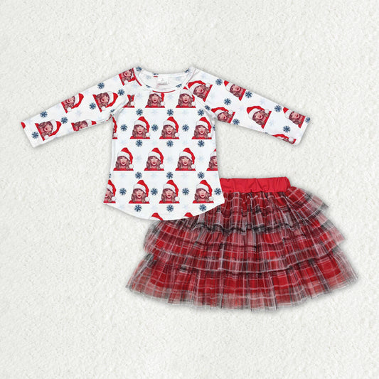 GLD0890 Christmas Taylor country singer long sleeve red chcekred puffy skirt girls 2pcs set