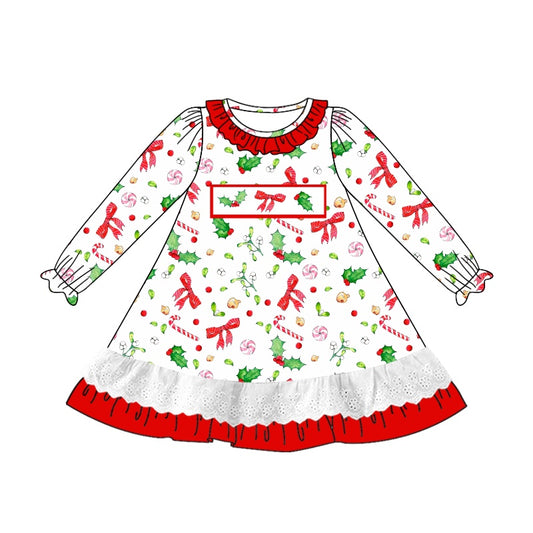 Preorder GLD0893 Christmas bows holly berry red long sleeve girls dress