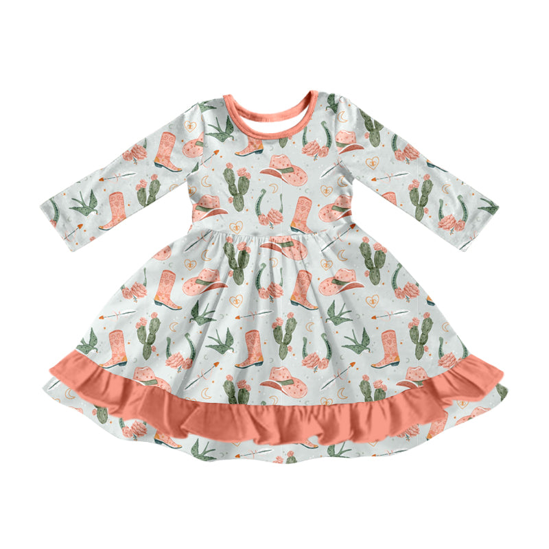 Preorder GLD0896 Western cactus hat boot pink long sleeve girls ruffles dress